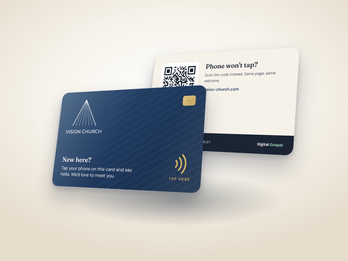 A Tap Card, front and back, in Vision Church's colours