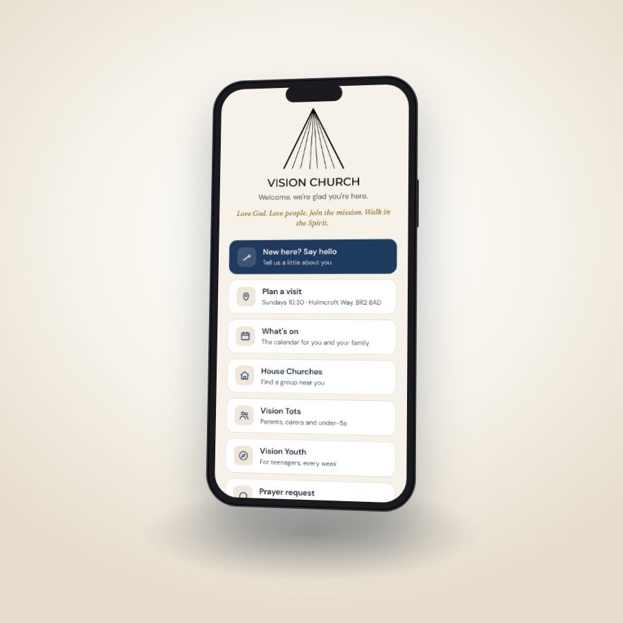 A phone showing Vision Church's tap page