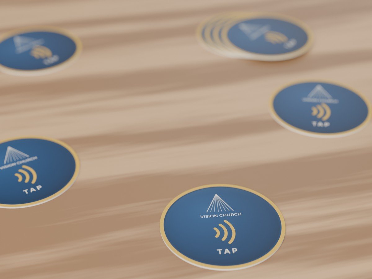 Round printed Tap Tags in Vision Church's colours
